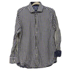 Michelsons London Button Shirt Mens Large Flip Cuff Paisley Blue Check Plaid